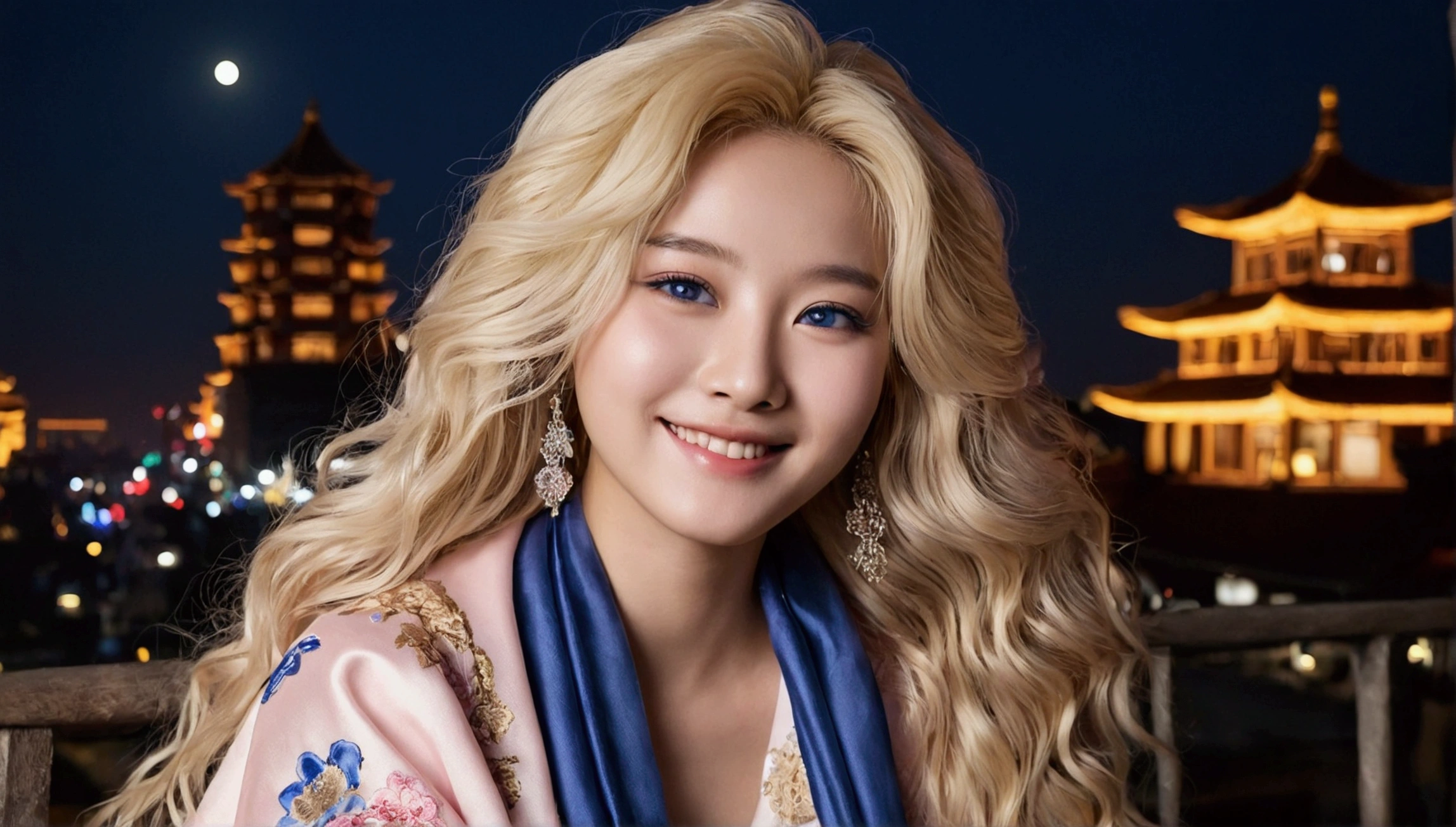 best quality,masterpiece,Very detailed,Face details,8K, Detailed background,1 Girl,playing guitar,Blonde Hair,blue eyes,,Long hair,Wavy Hair,Fluffy hair,,,Blush,Smile,Shawl,China city,Chinese service,night,moon,wind景,High,horizon,wind,wind吹,flower bed,Looking at the audience