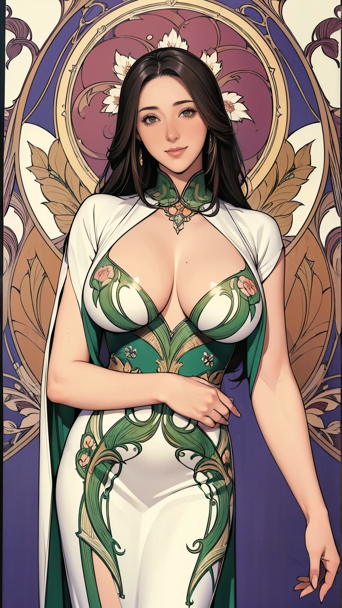 (masterpiece:1.2),(Highest quality),(Super detailed),(High resolution),8k,wallpaper,1 girl,Beautiful female hands,Detailed hands,the goddess is standing,Big Breasts,front,look at me,A lewd and vulgar smile,dress,Art Nouveau-inspired designs and patterns