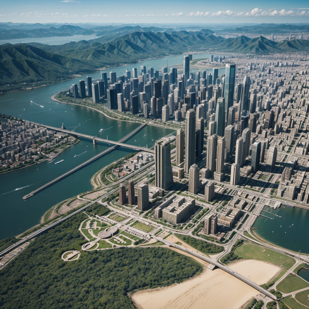 Aerial view of a city from the time of dinosaurs full of architecture from that era seen from above.