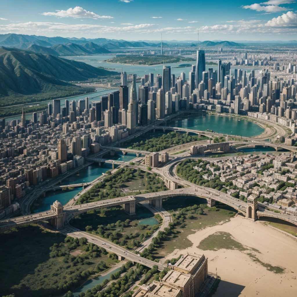 Aerial view of a city from the time of dinosaurs full of architecture from that era seen from above.