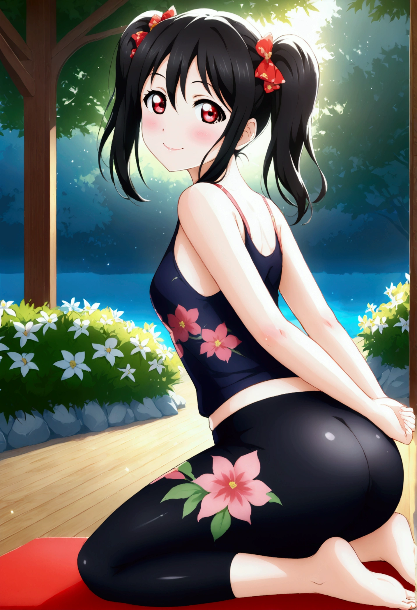 masterpiece, best quality, 1girl,yazawa nico,, black hair, short hair twintails, red eyes, small breast, small bow ribbon, ,clavicle, hair ribbon,  volumetric lighting, illustration, beautiful, tight , Blushing, breasts, looking at viewer, flowers printed tank top, yoga pants,solo, curvy body,floral print, looking to the side, confident, seductive smile, (arms behind back, head tilt:1.1), heart pendant,perfect lighting, perfect shadows, flower, (breathtaking scenery:1.1), tree, blushing full body shot