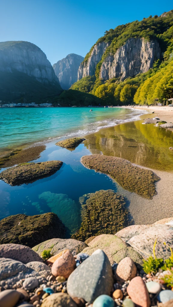 there is a rainbow in the sky over a beach with rocks and pebbles, seashore, Alpine Forest Landscape Photo,Steep mountain roads,Clear and transparent lake,wood,Bushes,Fallen leaves,Dawn Sun,Kasumi,Cliffs and mountains,Dilapidated,Lonely,cold,Foggy sky,Not a dazzling morning sun,Nightmare vision,Dark fantasy plot,Perfect and excellent composition,8k resolution,detailed,restricted,close ultra-wide angle shot,Realistic,Beautiful sky,Colorful clouds float,True to life, The private parts are clearly visible, Perfect perfection, Digital single-lens reflex camera, 1024, 2048, 4096, detailedな, sharp, Best Quality, high quality, Absurd,Unattended background,Very detailed、detailedな照明の影,Art Station Trends、Complex、expensivedetailed、dramatic、(Volumetric Lighting:1.2)HDR shot。(close,Super Depth of Field,Ultra Wide Angle,Microfocal Lenses:1.2)(Realistic:1.4)Masterpiece、expensive、expensive品質、beautiful photo,Global illumination magical beach, sunny rainbow galaxy stormy sea, by Igor Grabar, colorful hd picure, near the seashore, rainbow reflections, just one rainbow 8 k, beach landscape, still of rainbow ophanim, calm vivid colors, by Marie Bashkirtseff, beautiful beach