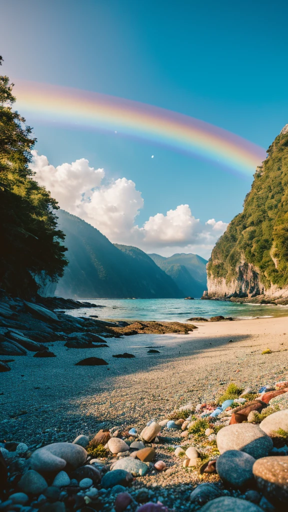 there is a rainbow in the sky over a beach with rocks and pebbles, seashore, Alpine Forest Landscape Photo,Steep mountain roads,Clear and transparent lake,wood,Bushes,Fallen leaves,Dawn Sun,Kasumi,Cliffs and mountains,Dilapidated,Lonely,cold,Foggy sky,Not a dazzling morning sun,Nightmare vision,Dark fantasy plot,Perfect and excellent composition,8k resolution,detailed,restricted,close ultra-wide angle shot,Realistic,Beautiful sky,Colorful clouds float,True to life, The private parts are clearly visible, Perfect perfection, Digital single-lens reflex camera, 1024, 2048, 4096, detailedな, sharp, Best Quality, high quality, Absurd,Unattended background,Very detailed、detailedな照明の影,Art Station Trends、Complex、expensivedetailed、dramatic、(Volumetric Lighting:1.2)HDR shot。(close,Super Depth of Field,Ultra Wide Angle,Microfocal Lenses:1.2)(Realistic:1.4)Masterpiece、expensive、expensive品質、beautiful photo,Global illumination magical beach, sunny rainbow galaxy stormy sea, by Igor Grabar, colorful hd picure, near the seashore, rainbow reflections, just one rainbow 8 k, beach landscape, still of rainbow ophanim, calm vivid colors, by Marie Bashkirtseff, beautiful beach