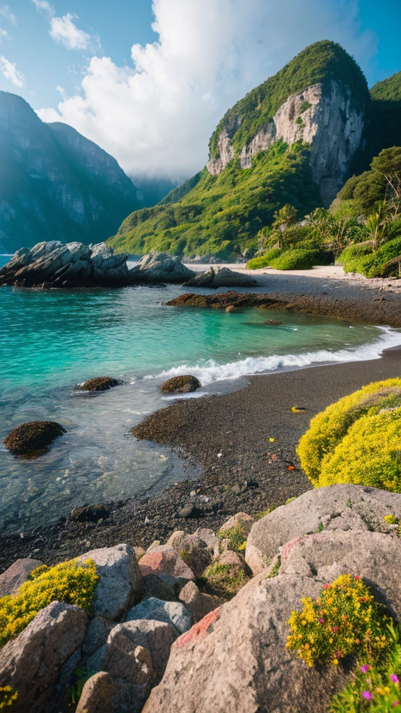 there is a rainbow in the sky over a beach with rocks and pebbles, seashore, Alpine Forest Landscape Photo,Steep mountain roads,Clear and transparent lake,wood,Bushes,Fallen leaves,Dawn Sun,Kasumi,Cliffs and mountains,Dilapidated,Lonely,cold,Foggy sky,Not a dazzling morning sun,Nightmare vision,Dark fantasy plot,Perfect and excellent composition,8k resolution,detailed,restricted,close ultra-wide angle shot,Realistic,Beautiful sky,Colorful clouds float,True to life, The private parts are clearly visible, Perfect perfection, Digital single-lens reflex camera, 1024, 2048, 4096, detailedな, sharp, Best Quality, high quality, Absurd,Unattended background,Very detailed、detailedな照明の影,Art Station Trends、Complex、expensivedetailed、dramatic、(Volumetric Lighting:1.2)HDR shot。(close,Super Depth of Field,Ultra Wide Angle,Microfocal Lenses:1.2)(Realistic:1.4)Masterpiece、expensive、expensive品質、beautiful photo,Global illumination magical beach, sunny rainbow galaxy stormy sea, by Igor Grabar, colorful hd picure, near the seashore, rainbow reflections, just one rainbow 8 k, beach landscape, still of rainbow ophanim, calm vivid colors, by Marie Bashkirtseff, beautiful beach