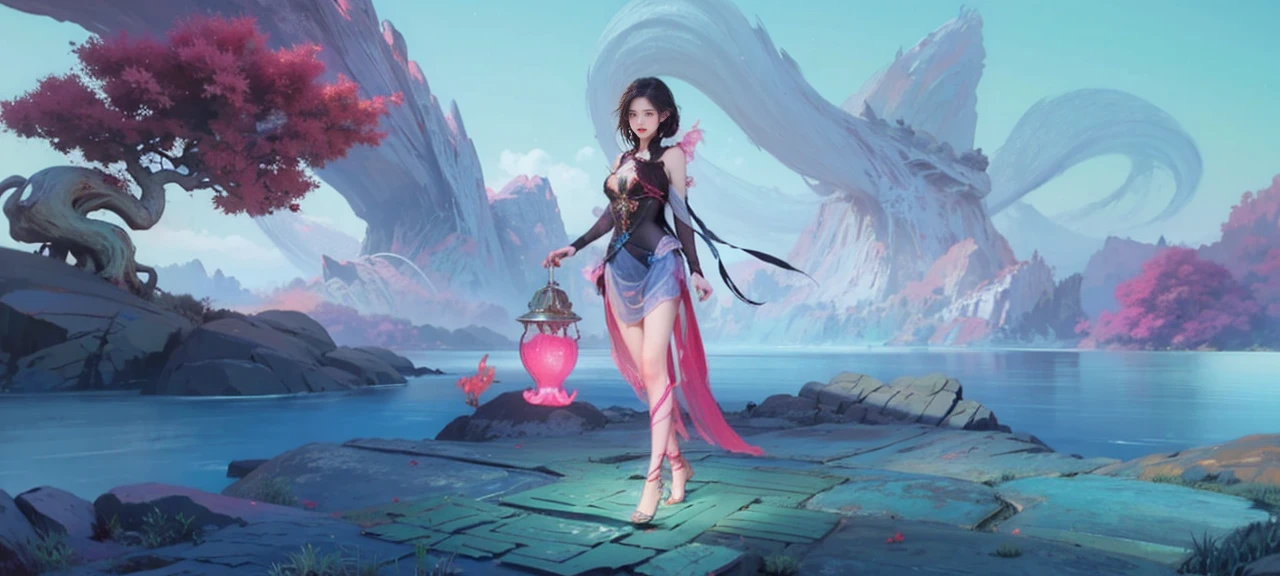 ((whole body)), ((Chest Window, Visible cleavage)), Practical, Fashion Girl, Red lips, Cute woman, cosmetic, big eyes, beautiful eyes, ((whole body)), ((From below)), (best quality, masterpiece:1.2), Very detailed, (Practical:1.37), ((Sexy long legs)), beautiful, Young and energetic, Charming model, Large Breasts, Clive Arch, (Exquisite eyes, Delicate lips, extremely Exquisite eyes), Show a bright smile, Create stunning girl images, warm color, Very high color saturation, Official Art, Extremely detailed CG unified 8k wallpaper,(High Dynamic Range :1.4), (Movie),(Soft colors, Dull Color, Soothing tone :1.3), (Natural skin texture, ultra-Practical, Soft Light, sharp),(Very detailed), night, moonlight, ((In the mountains, plant, Leaning against the rocks))