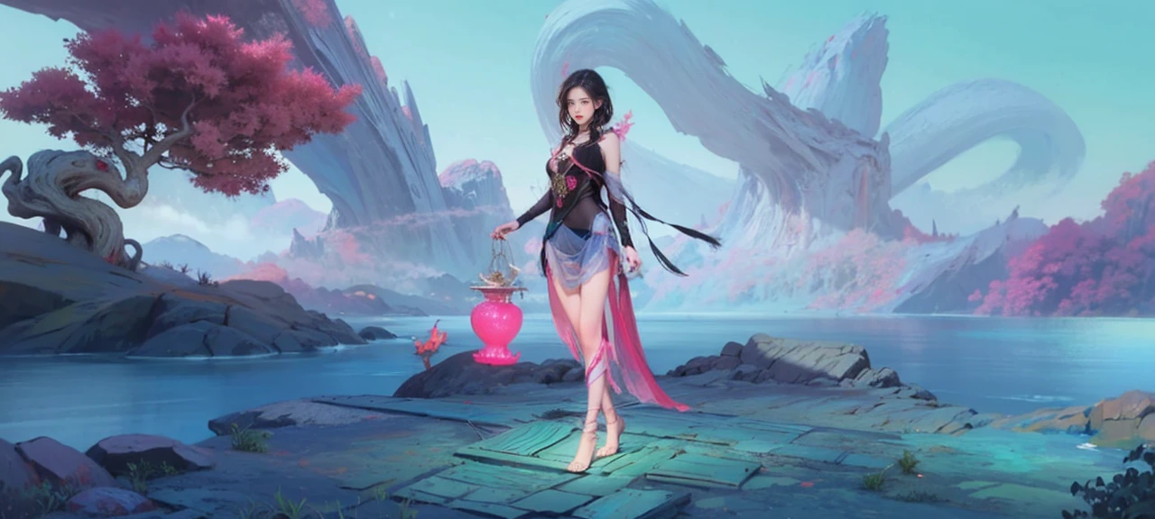 ((whole body)), ((Chest Window, Visible cleavage)), Practical, Fashion Girl, Red lips, Cute woman, cosmetic, big eyes, beautiful eyes, ((whole body)), ((From below)), (best quality, masterpiece:1.2), Very detailed, (Practical:1.37), ((Sexy long legs)), beautiful, Young and energetic, Charming model, Large Breasts, Clive Arch, (Exquisite eyes, Delicate lips, extremely Exquisite eyes), Show a bright smile, Create stunning girl images, warm color, Very high color saturation, Official Art, Extremely detailed CG unified 8k wallpaper,(High Dynamic Range :1.4), (Movie),(Soft colors, Dull Color, Soothing tone :1.3), (Natural skin texture, ultra-Practical, Soft Light, sharp),(Very detailed), night, moonlight, ((In the mountains, plant, Leaning against the rocks))