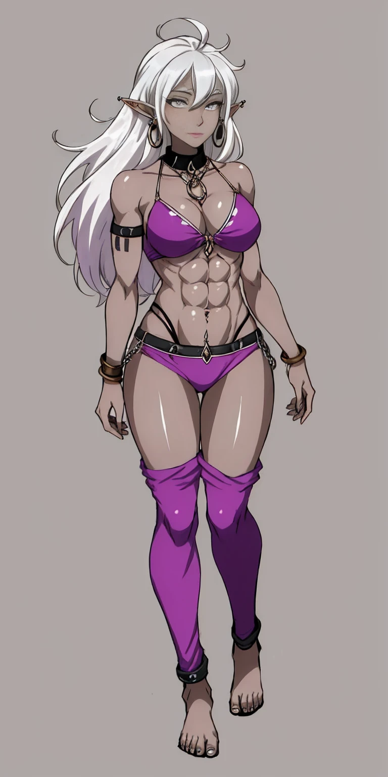 Appearance
Gender: Female
Age: Mature
Race: Drow (elf with dark skin and white hair)
Height: Full-body
Skin: Gray
Skin: Gray
Background: Plain Gray
Eyes: Purple
Attire: Bikini, revealing abdominal muscles
Accessories: Large earrings, ragged rags, chain necklace