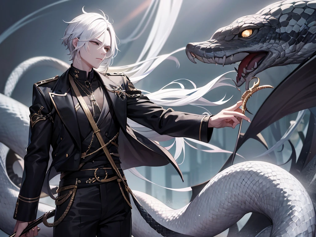 A handsome guy with short white hair stood in front of the black dragon,
Surrounded by chains and red and purple lightning effects,
There is a white halo on the head. Blue eyes with lightning, confident expression, dark background, comic style background with black buildings, epic composition, deepen lines, highest quality, highest quality, 32K
