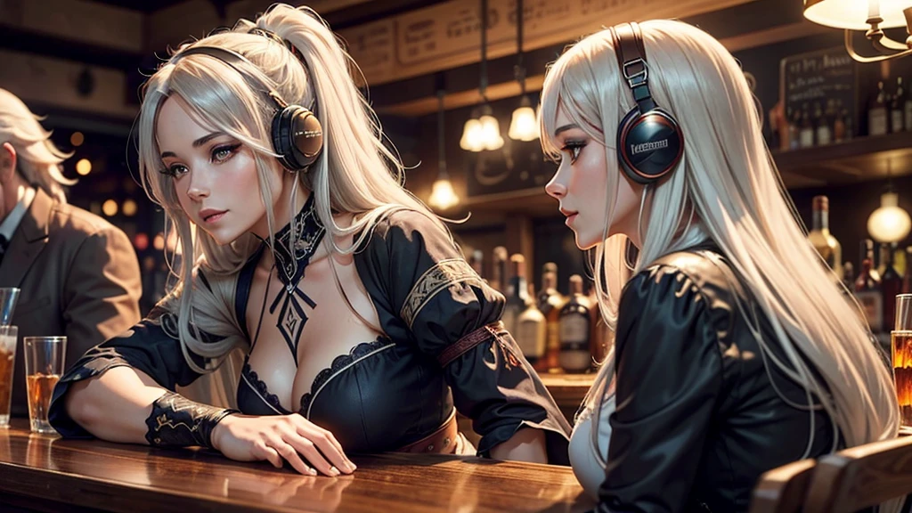 A beautiful woman is sitting and listening to music, a beautiful woman with long grey hair, men and women are enjoying music and dancing at a bar, anime, heartwarming, medieval, bard, epic,