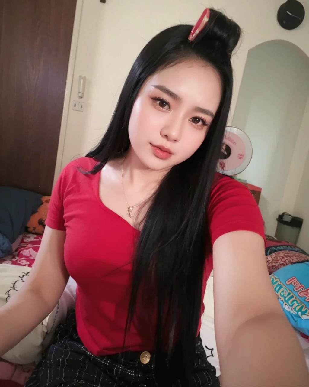 there is a woman with long black hair posing for a picture, south east asian with long, anime thai girl, asian girl, 30 years old woman, 3 0 years old woman, long hair and red shirt, 18 years old, 2 2 years old, 2 7 years old, good young girl, beautiful asian girl, attractive photo, young and cute girl