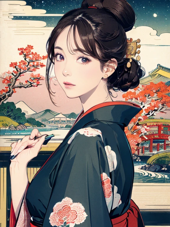 (Highest quality、 8k 、masterpiece、High resolution)、(whole body)、Vibrant colors、Brown-black bob、Traditional topknot、Ample breasts、(Highly detailed face and eyes,Beautiful Face,Beautiful Eyes,Beautiful nose,Pretty lips)、Official Art、Ukiyo-e style、 (Beautiful woman in kimono)、(Vivid floral patterned kimono)、background、river、bridge、Mountain、wood、Starry Sky、moon、Detailed CG、