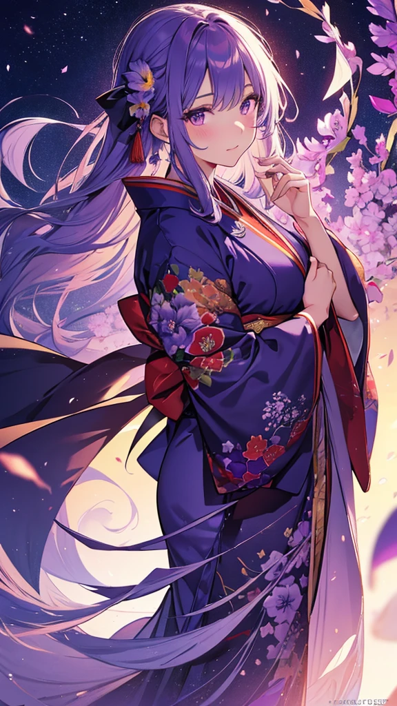 Morning glory themed art, ((Highest quality)), High resolution, 8k, Cinematic Light, High Contrast, Written boundary depth、Purple kimono、Asahi、beautiful, Strong brilliance, Detailed Background, One Girl, cute, fine grain, Shining Eyes, Detailed Iris、