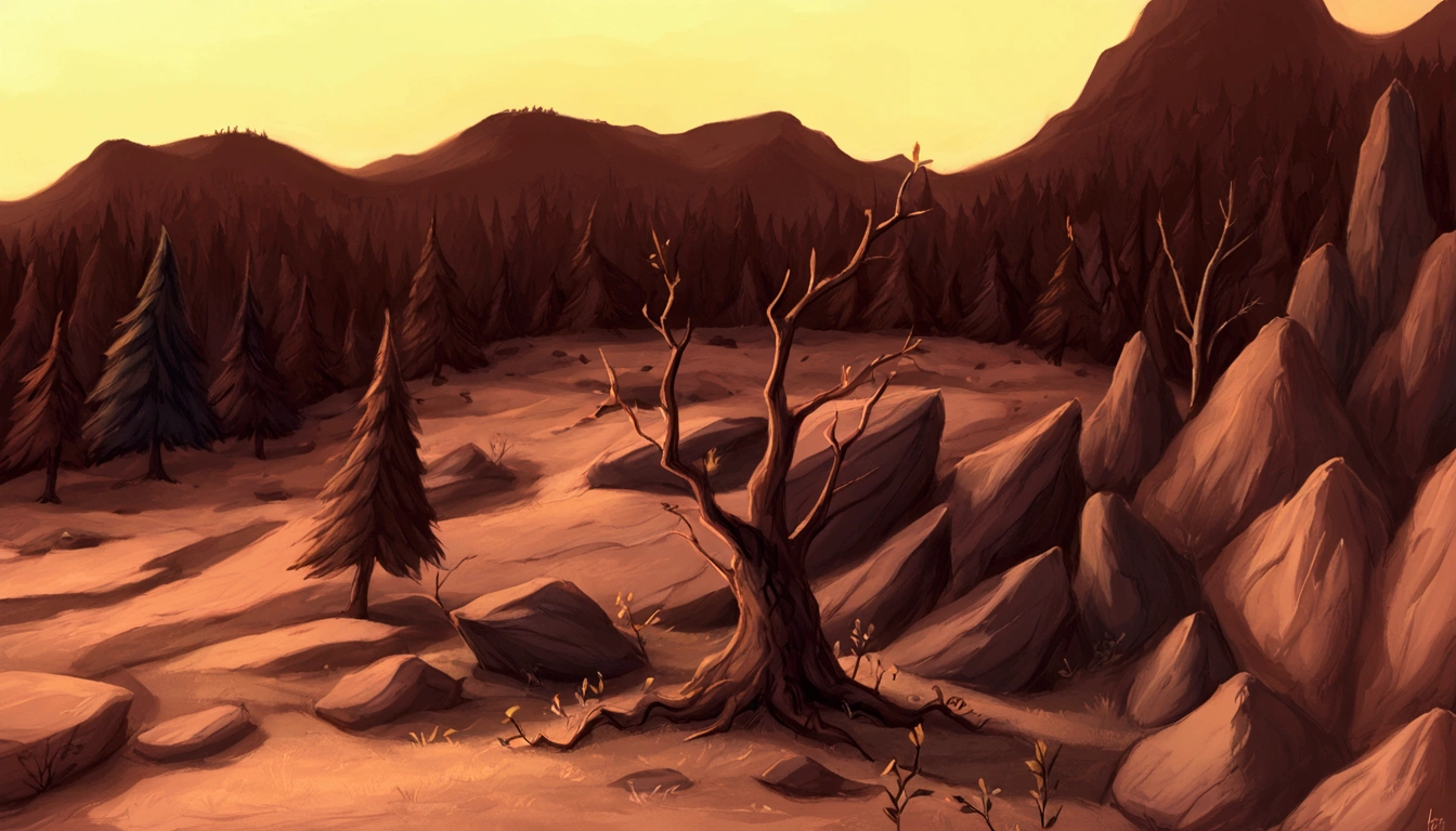 Masterpiece, best quality, very detailed, A dark, sinister lion’s lair nestled deep in the forest. The lair is a rocky, shadowy den, surrounded by towering trees with twisted, gnarled branches on either side. The forest floor is littered with dried leaves and bones, creating an eerie atmosphere. Evil lions with menacing eyes patrol the territory, their muscular forms moving stealthily through the dim light that barely penetrates the dense canopy above. No humans or human buildings are present, only the ominous natural elements and the foreboding presence of the lions.
