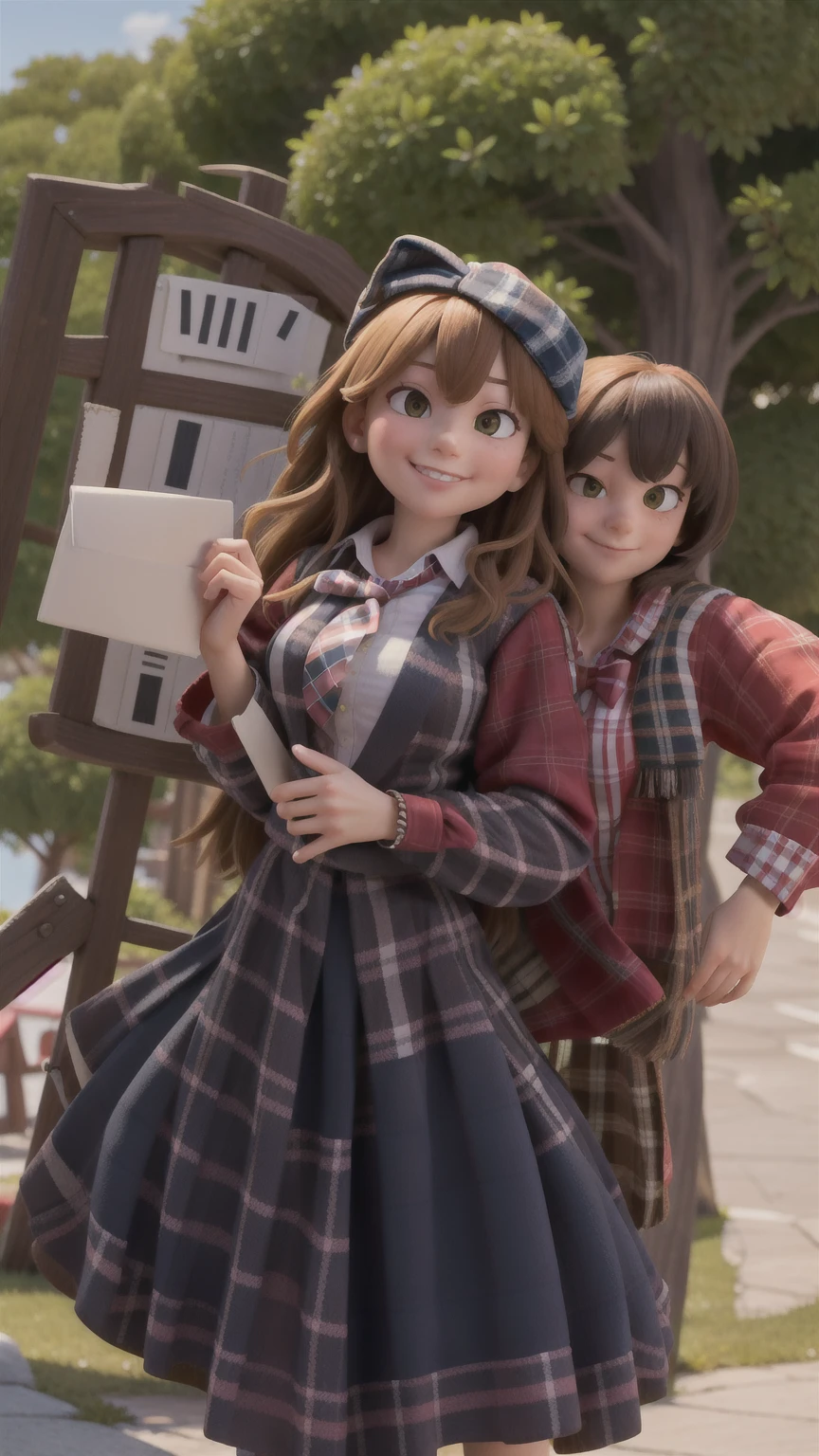 masterpiece, high quality best quality,1girl, bangs, beach, blue_sky, blush, bow, breasts, checkered, checkered_shirt, checkered_skirt, cloud, cloudy_sky, collarbone, day, envelope, giving, grass, hair_bow, heart, holding, holding_letter, horizon, incoming_gift, kazami_yuuka, leaning_forward, lens_flare, letter, light_rays, long_hair, looking_at_viewer, love_letter, mountain, mountainous_horizon, ocean, outdoors, plaid, plaid_background, plaid_bikini, plaid_bow, plaid_bowtie, plaid_bra, plaid_dress, plaid_headwear, plaid_jacket, plaid_legwear, plaid_necktie, plaid_neckwear, plaid_panties, plaid_pants, plaid_ribbon, plaid_scarf, plaid_shirt, plaid_skirt, plaid_vest, pov, shirt, skirt, sky, smile, solo, sun, sunbeam, sunlight, tree, unmoving_pattern