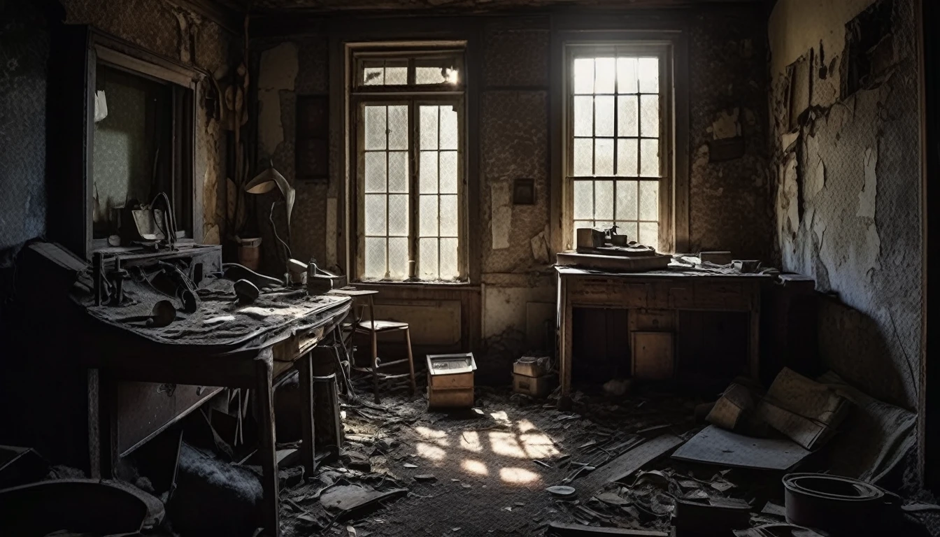 In the attic of an old house, Abandoned Shelter, A pile of medical equipment has been gathering dust for decades.. Moonlight shines through the broken window, The tools seem to come alive, Casting a sinister shadow on the cracked wall.