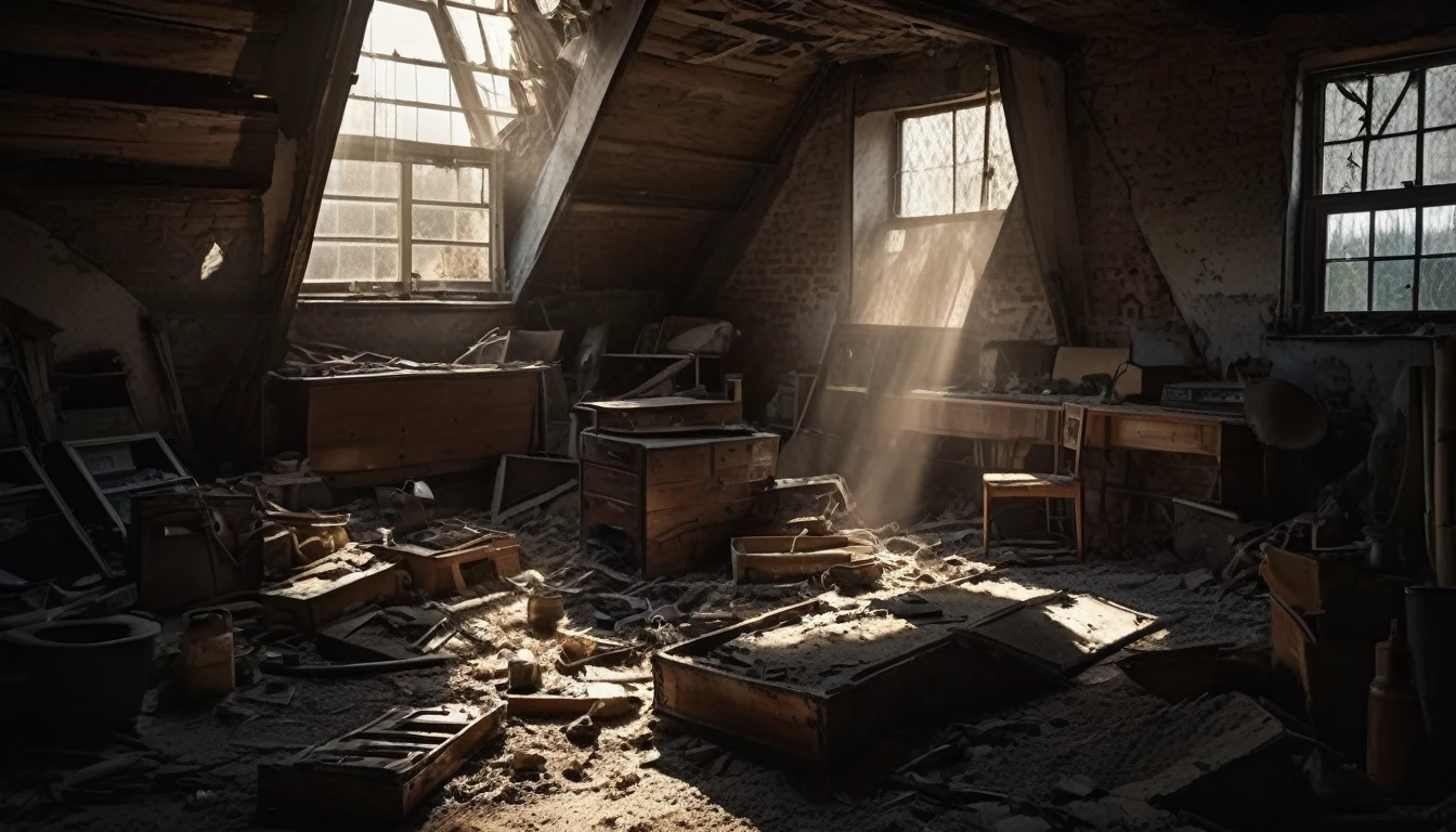 In the attic of an old house, Abandoned Shelter, A pile of medical equipment has been gathering dust for decades.. Moonlight shines through the broken window, The tools seem to come alive, Casting a sinister shadow on the cracked wall.