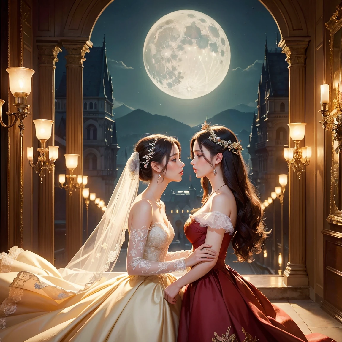 (masterpiece, highest quality, official art, beauty and aesthetic:1.5), (perfect anatomy:1.2), two stunning bride is deeply in love with each other, kiss, romantic atmosphere, flower and moon, magnificent panorama view