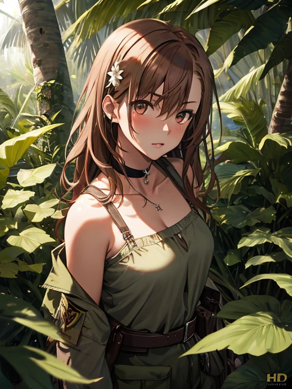jungle, Explorer, Soldier, Jungle Adventure, Misaka Mikoto, 1girl, black choker, uhd, retina, masterpiece, ccurate, anatomically correct, textured skin, super detail, high details, high quality, best quality, highres, 4K