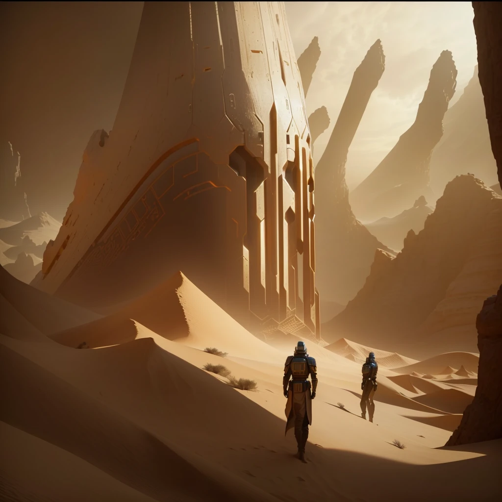 araffes in a desert with a giant object in the background, scene from dune 2 0 2 1 movie, film still from dune 2020, film still from movie dune-2021, in the 2 0 2 1 movie dune, unreal engine 5 render dramatic, in an arena in movie dune-2021, ps5 cinematic screen capture