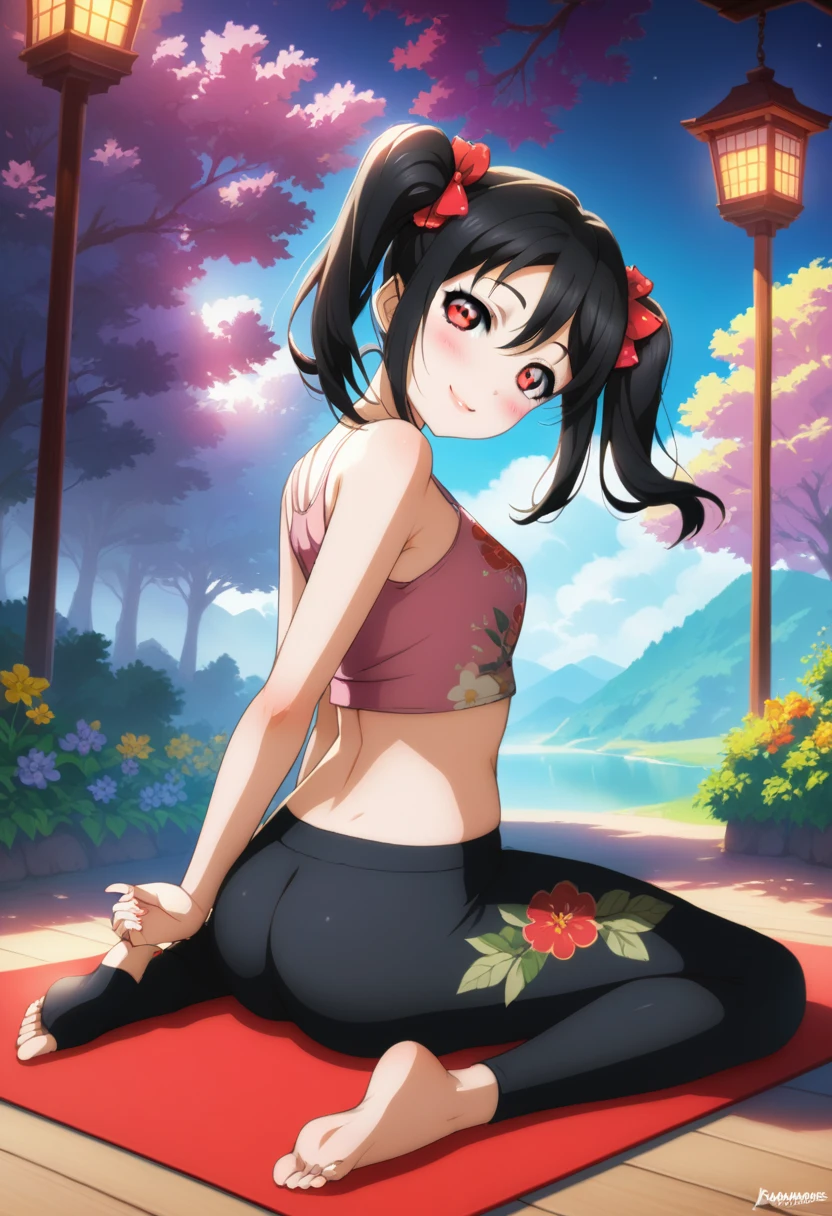 masterpiece, best quality,yazawa nico, black hair, twintails, red eyes, volumetric lighting, illustration, beautiful, tight , Blushing, breasts, looking at viewer, flowers printed tank top, yoga pants,solo, curvy body,floral print, seductive smile, (arms behind back, head tilt:1.1),(breathtaking scenery:1.1), tree, blushing full body shot