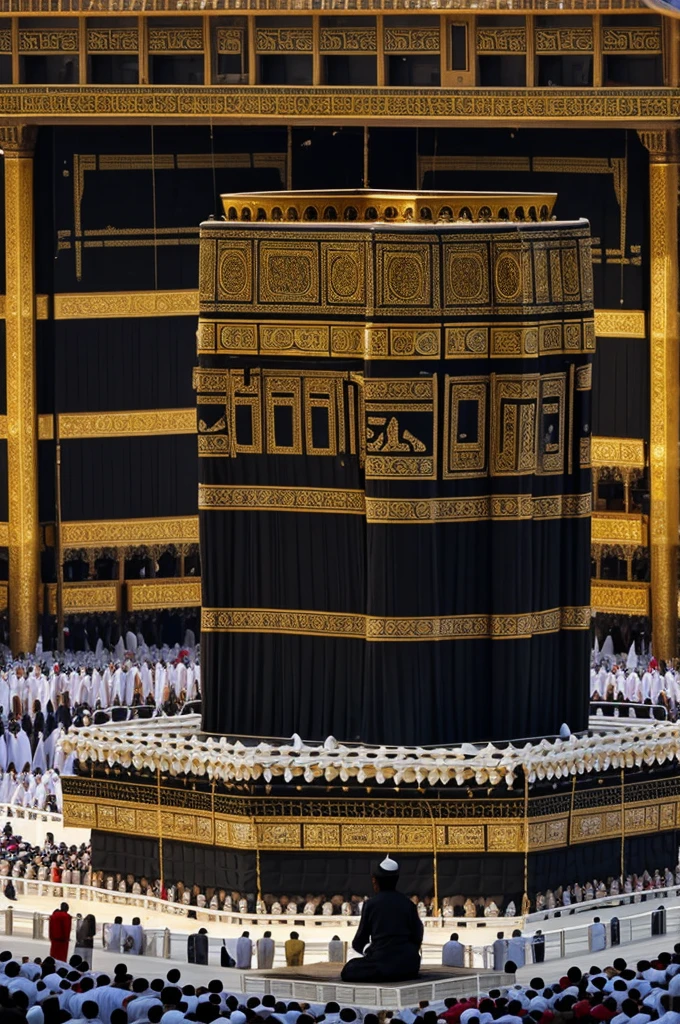 Create a wonderful scatch of a who wears full dress and sitting on the front of Kaaba