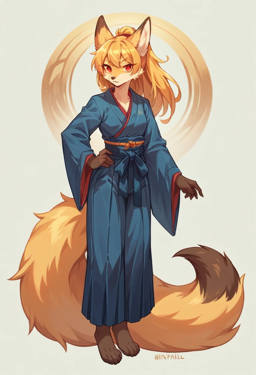 (full body,,The left hand is on the hip),((The right hand is out in front,Nine-tailed tail,,)),small breasts,Adult female fox, Furry, Golden fur, Golden facial fur, long golden hair, The hair on his hands is golden, Golden yellow hair on the back of the hand, Light-filled eyes, Red eyes, Brown elements of fur,Dark blue kimono,Dark blue hakama,Very fine fur, Fluffy tail,Nine-tailed tail