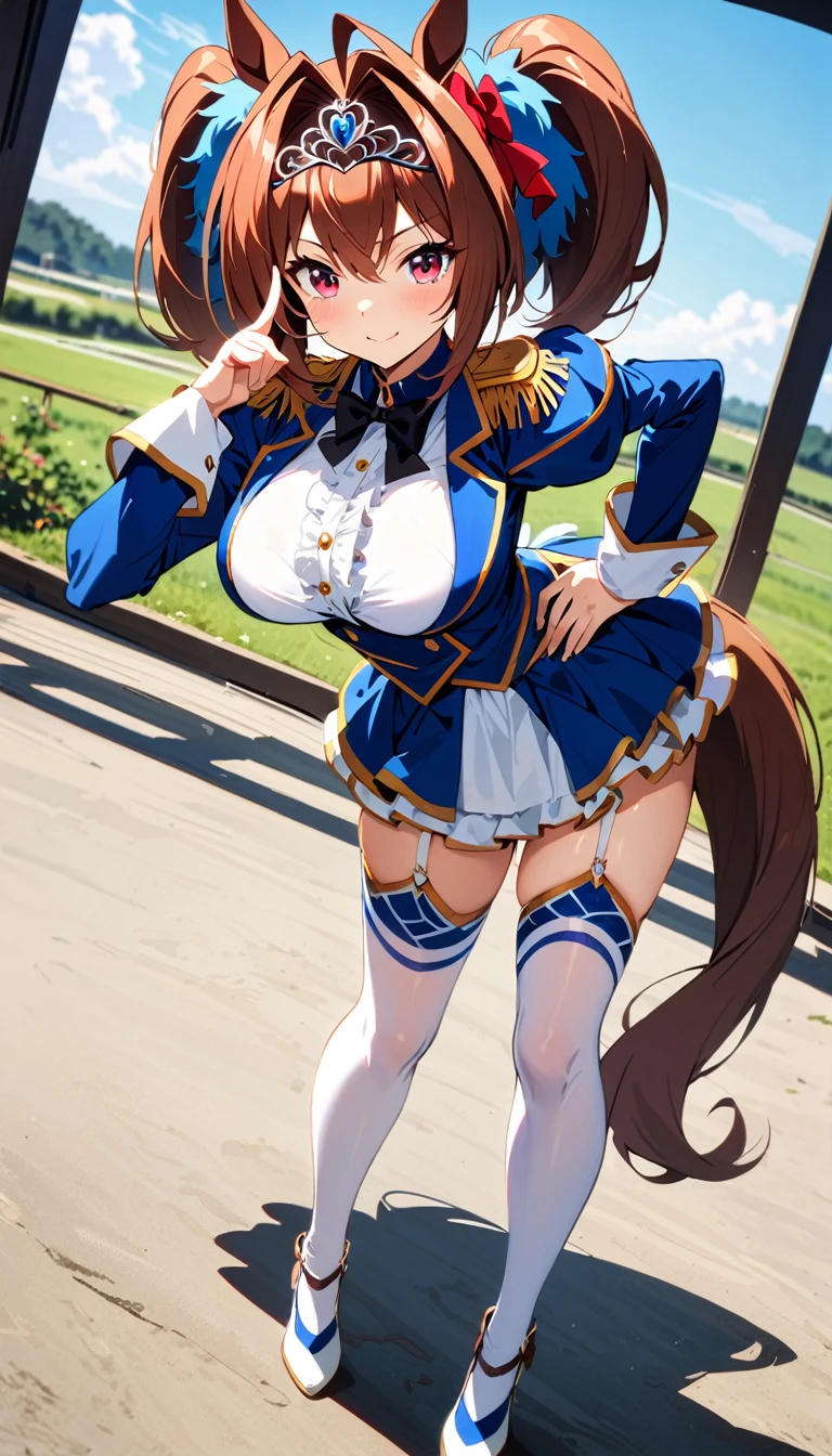 (8k, RAW photo, highest quality, masterpiece), (solo, 1 girl, ahoge: 1.2), ink painting, Uma Musume, shine, horse ears, horse tail, Uma Musume, 5 fingers, dynamic lighting, High resolution, sharp focus, depth of field, fashionable, elegance, charming, seductive, gorgeous, stunning, beautiful, charming, cute, beautiful detailed face, beautiful detailed eyes, soft expression, slim beautiful figure, Curvy, hourglass shape, large bust, slender arms, graceful hands, delicate fingers, slender wrists, elegant neck, smooth skin, dynamic angles, perfect composition, Perfect anatomy, natural fingers, 5 fingersdaiwa scarlet \(umamusume\),
wide shot, full body, leaning forward, hand on hip, blue sky, grass,Twin tails
looking at viewer, index finger raised, reaching out, 
hair bow, red bow, tiara, epaulettes, puffy long sleeves, juliet sleeves, black bowtie, white shirt, framed breasts, blue jacket, blue dress, center frills, underbust, layered skirt, garter straps, white thighhighs, white footwear
,full body, smile, Looking forward, stage, indoors, dancing,