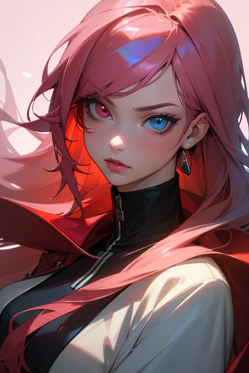 (best quality,4K,8k,highres,master part:1.2),ultra detali,Realistic,adolescente com heterochromia(heterochromia:1.1) with blue and red eyes,casual,red hood,Beautiful,serious look,detailed eyes and lips,slim build,vivid colors,conceptual artists,colourful hair,half brown and half pink hair,stunning landscape,whistle of surrealism,Fantastic lighting,peaceful atmosphere