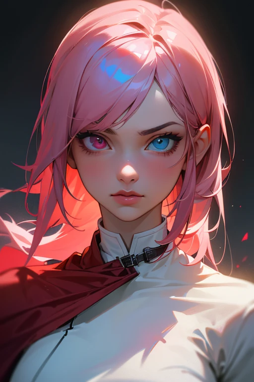(best quality,4K,8k,highres,master part:1.2),ultra detali,Realistic,adolescente com heterochromia(heterochromia:1.1) with blue and red eyes,casual,red hood,Beautiful,serious look,detailed eyes and lips,slim build,vivid colors,conceptual artists,colourful hair,half brown and half pink hair,stunning landscape,whistle of surrealism,Fantastic lighting,peaceful atmosphere