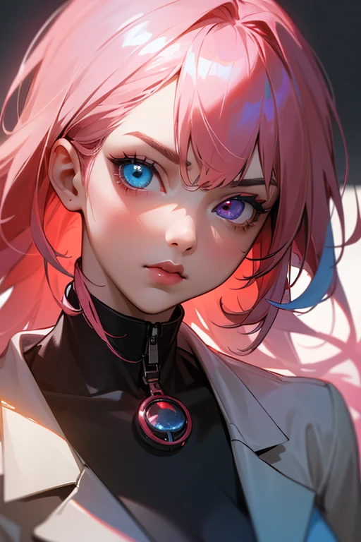 (best quality,4K,8k,highres,master part:1.2),ultra detali,Realistic,adolescente com heterochromia(heterochromia:1.1) with blue and red eyes,casual,red hood,Beautiful,serious look,detailed eyes and lips,slim build,vivid colors,conceptual artists,colourful hair,half brown and half pink hair,stunning landscape,whistle of surrealism,Fantastic lighting,peaceful atmosphere