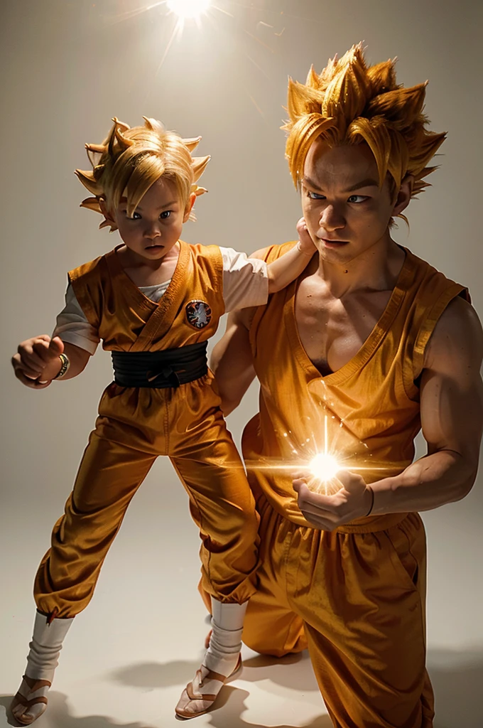 Full body of Goku (from Dragon Ball), golden hair, wearing a Super Saiyan outfit like Vegeta, has a powerful light in his hand, white background, character design in render style. Octane More realistic than expected, extreme characters, extremely realistic characters. on a white background