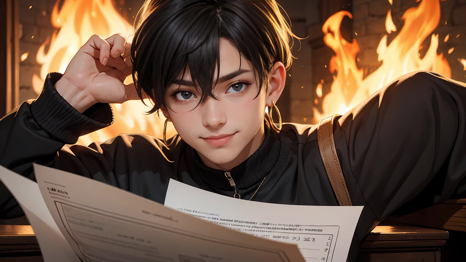 masterpiece, best quality, pandreo fe, solo, looking at viewer, smile, 1boy, hair between eyes, jewelry, upper body, male focus, earrings, fire, paper