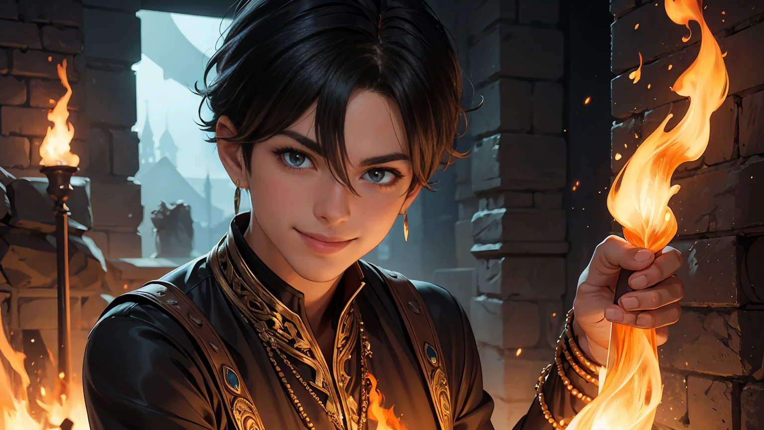 masterpiece, best quality, pandreo fe, solo, looking at viewer, smile, 1boy, hair between eyes, jewelry, upper body, male focus, earrings, fire, paper