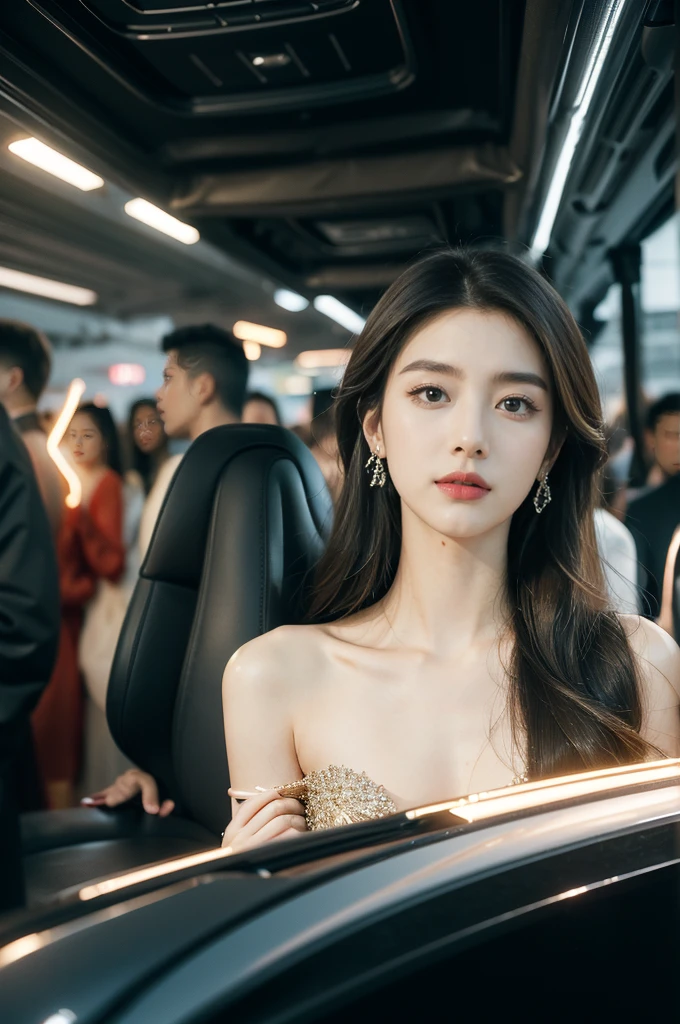 (((best quality))),(((ultra detailed))),(((masterpiece))),illustration,((1girl,gorgeous female model,solo)),((slim,thin)),((small breasts,flat chest)),(beside a sleek futuristic car:1.3),(glamorres sparkled gown:1.3),intricate embellishments,drop-dead gorgeous,(shoulder length straight hair:1.2),vibrant piercing eyes,delicate facial features,rosy cheeks,parted res lips,confident allure,beauty grace,intricate patterns,shimmering fabric,elegant draping,complementary skin tone,radiates beauty,allure,sleek streamlined design,futurism,smooth curves angles,ambient lighting,ethereal aura,intricate patterns,LED lights,glow,sea of activity,(surrounded by crowded crowds:1.3),examine cars,electric atmosphere,cyberpunk style,excitement anticipation,energy palpable,enthusiasm future automobiles,modern elegance,technological innovation,captivating vibrant scene,invite viewers step into future,embrace beauty,((from front,upper body))