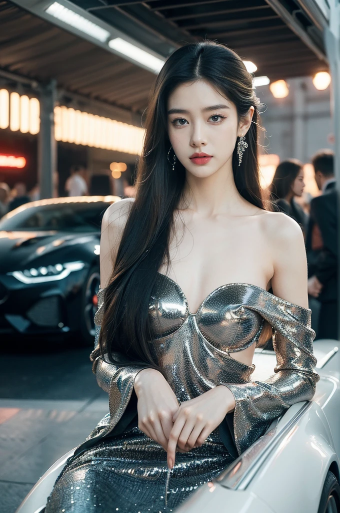(((best quality))),(((ultra detailed))),(((masterpiece))),illustration,((1girl,gorgeous female model,solo)),((slim,thin)),((small breasts,flat chest)),(beside a sleek futuristic car:1.3),(glamorres sparkled gown:1.3),intricate embellishments,drop-dead gorgeous,(shoulder length straight hair:1.2),vibrant piercing eyes,delicate facial features,rosy cheeks,parted res lips,confident allure,beauty grace,intricate patterns,shimmering fabric,elegant draping,complementary skin tone,radiates beauty,allure,sleek streamlined design,futurism,smooth curves angles,ambient lighting,ethereal aura,intricate patterns,LED lights,glow,sea of activity,(surrounded by crowded crowds:1.3),examine cars,electric atmosphere,cyberpunk style,excitement anticipation,energy palpable,enthusiasm future automobiles,modern elegance,technological innovation,captivating vibrant scene,invite viewers step into future,embrace beauty,((from front,upper body))