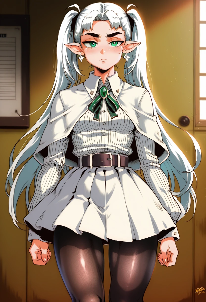 puri2,aafrie, long hair, white hair, 2twintails, pointy ears, earrings, thick eyebrows,green eyes, white capelet, striped shirt, long sleeves, belt, white skirt, black pantyhose,small breasts, flat, 1girl in , small girl, best quality, masterpiece, ultra-detailed, high quality, perfect nose, highly detailed skin, warm skin tone, defiance512, RAW photo, best quality, high resolution, (masterpiece), dreamlike, dreamy, modelshoot style, analog style, tonemapping, photorealistic, professional photography, sharp focus, HDR, 8K resolution, intricate detail, sophisticated detail, hyper detailed, (depth of field), highlight and shadow, volumetric lighting, cinematic bloom, professional light, looking at viewer, blotchy,, many frames