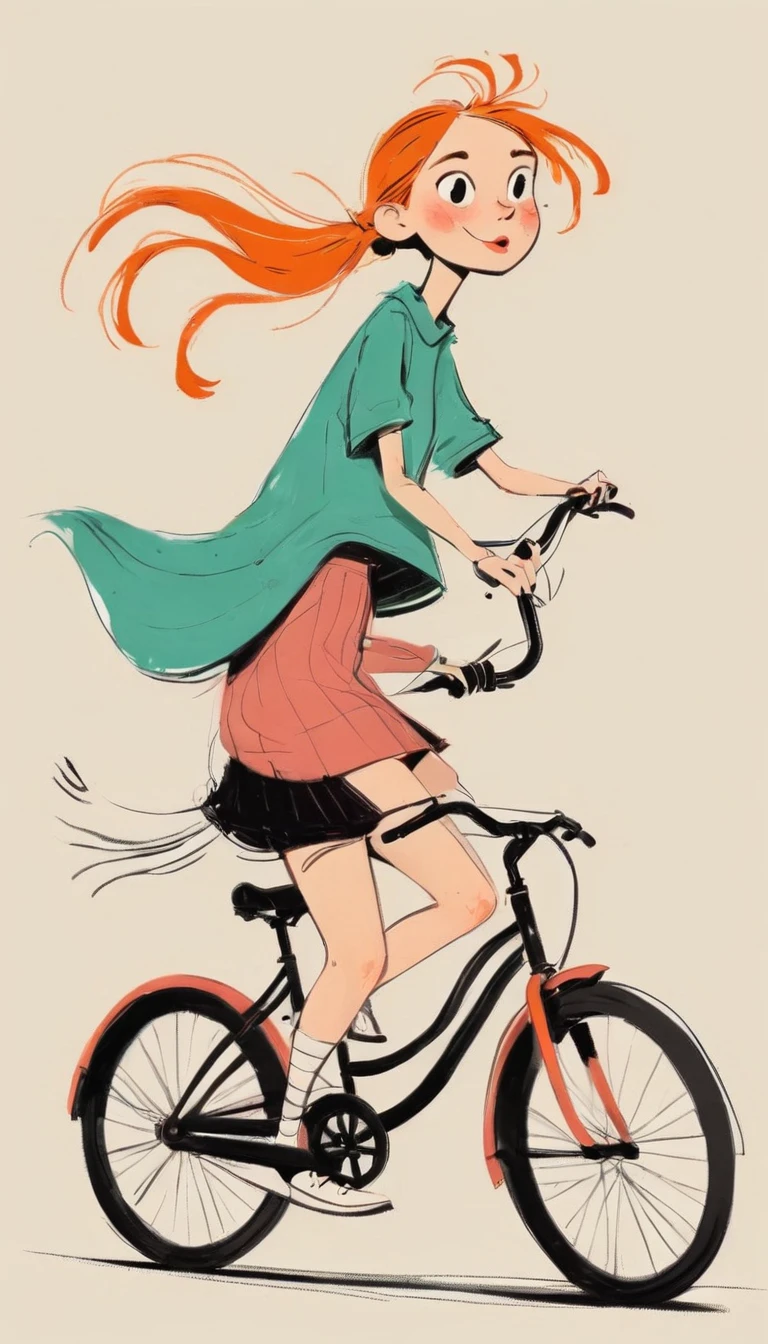 (((Exaggerated digital character sketches:1.37))).(Girl riding a bicycle，Double tail，fashion clothing)，(Black sketch lines，Loose brushstrokes create the outline，Cartoon Style. Bright colors and simplified lines, sketch)。(Exaggerated body movements),