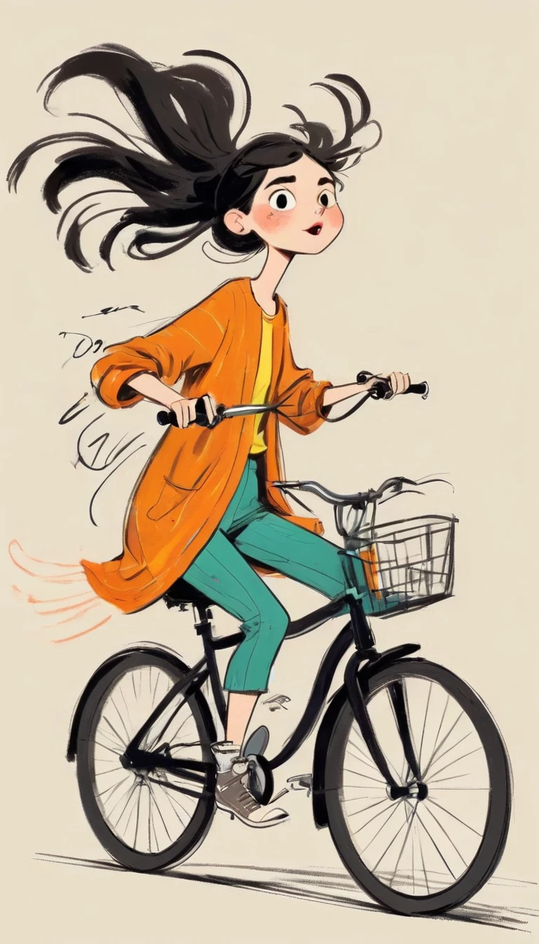 (((Exaggerated digital character sketches:1.37))).(Girl riding a bicycle，Double tail，fashion clothing)，(Black sketch lines，Loose brushstrokes create the outline，Cartoon Style. Bright colors and simplified lines, sketch)。(Exaggerated body movements),
