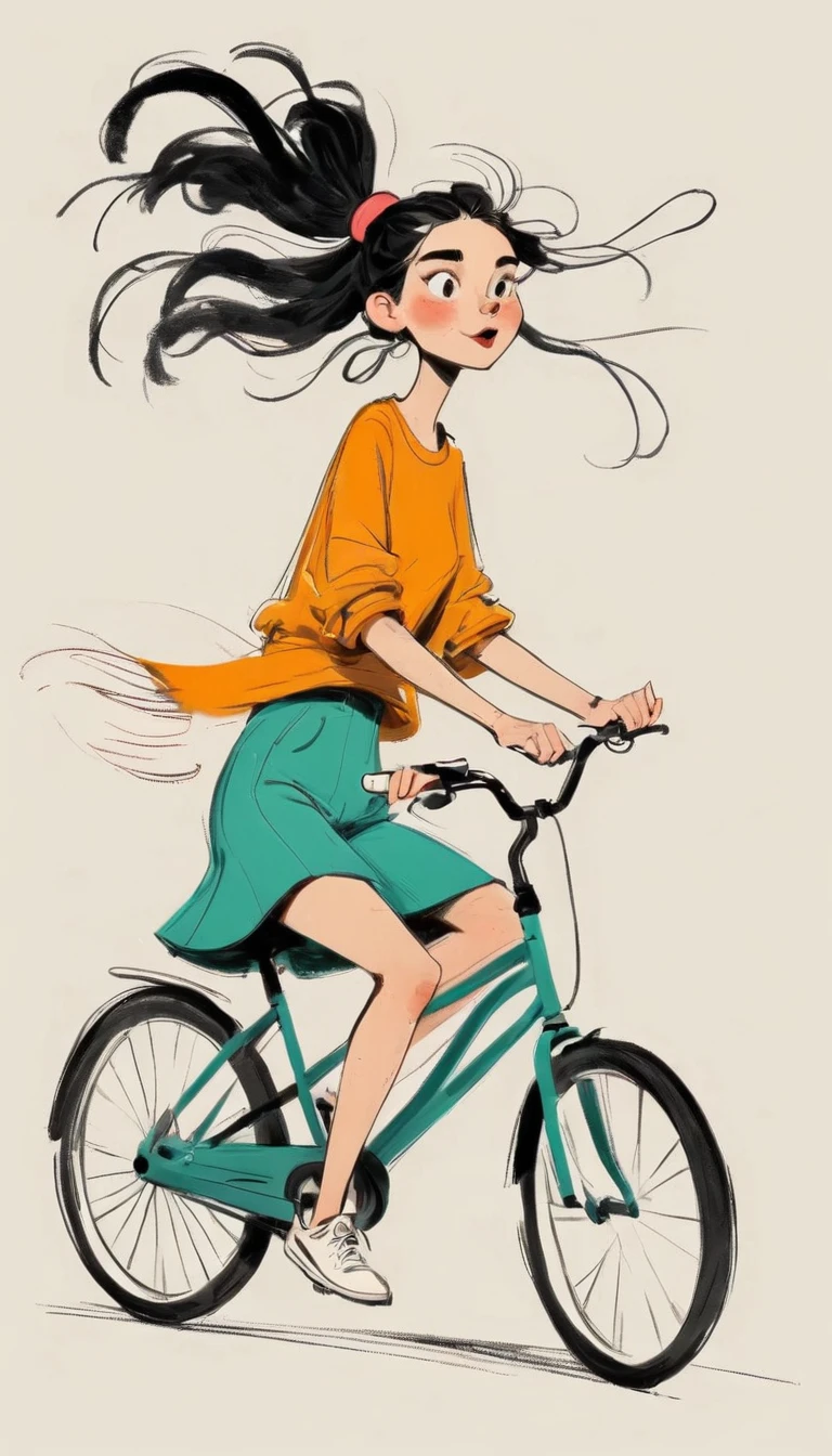 (((Exaggerated digital character sketches:1.37))).(Girl riding a bicycle，Double tail，fashion clothing)，(Black sketch lines，Loose brushstrokes create the outline，Cartoon Style. Bright colors and simplified lines, sketch)。(Exaggerated body movements),
