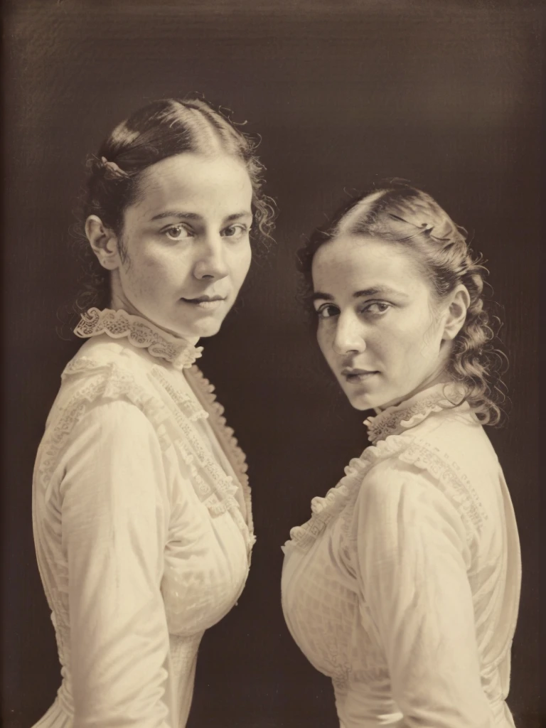 A girl twins, in a victorian blouse, retro black and white photo 1910, victorian photo, art nouveau portrait, vintage black and white photo, portrait of a victorian woman, victorian lady, cleavage, detailed eyes, beautiful detailed lips, extremely detailed face, long eyelashes, elegant pose, soft lighting, warm tones, intricate lace details, (best quality,4k,8k,highres,masterpiece:1.2),ultra-detailed,(realistic,photorealistic,photo-realistic:1.37),HDR,UHD,studio lighting,ultra-fine painting,sharp focus,physically-based rendering,extreme detail description,professional,vivid colors,bokeh