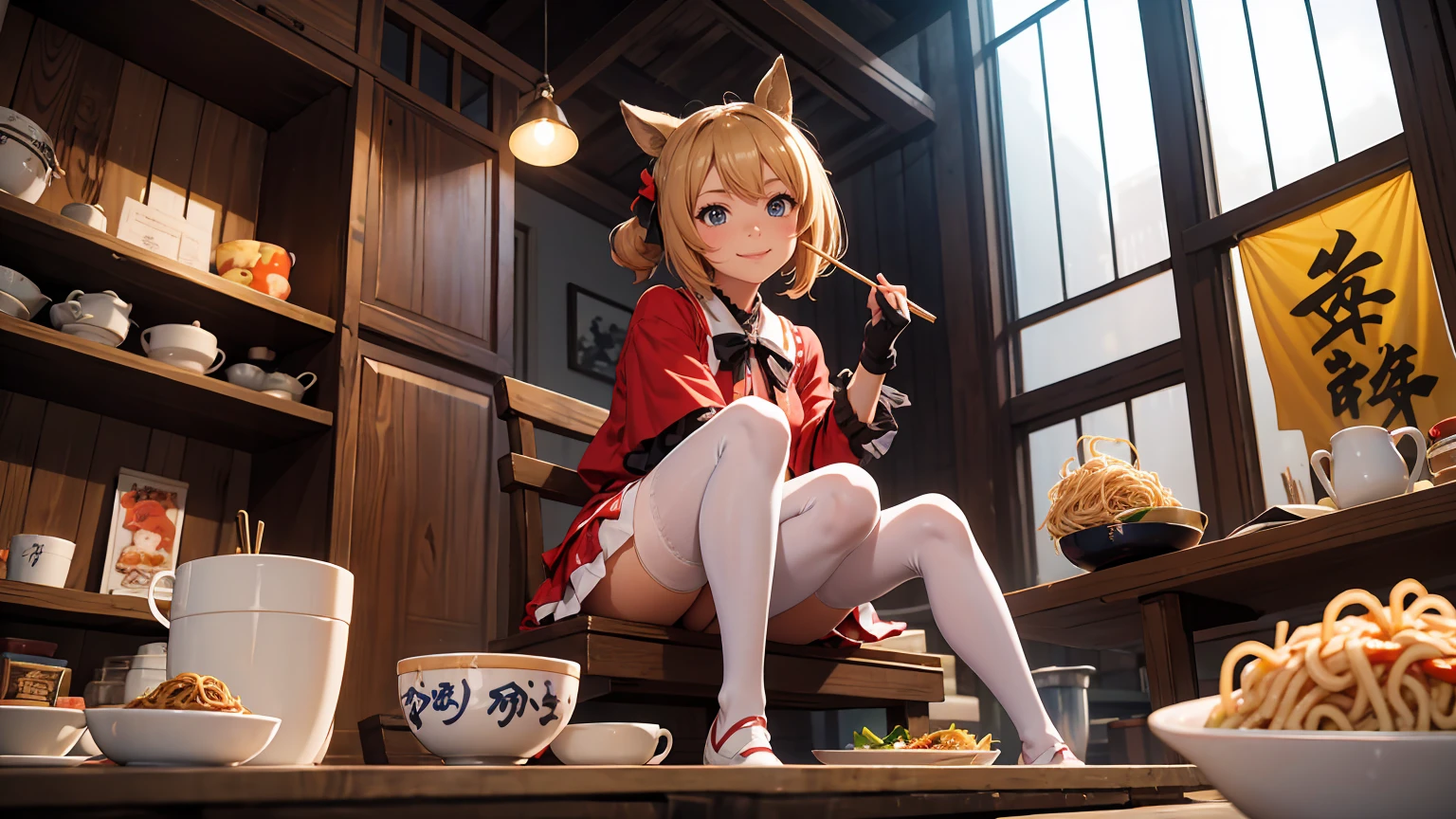 masterpiece, top quality, bewitching pose, full body wide angle, smile, (sitting:1.1) ,ichiraku ramen, (eating ramen noodles:1.0), holding chopsticks and ramen bowl, slurp one's noodles,, silence suzuka (umamusume), black gloves, white skirt, pleated skirt, black pantyhose, layered sleeves, puffy short sleeves, short over long sleeves, black bow, festival,