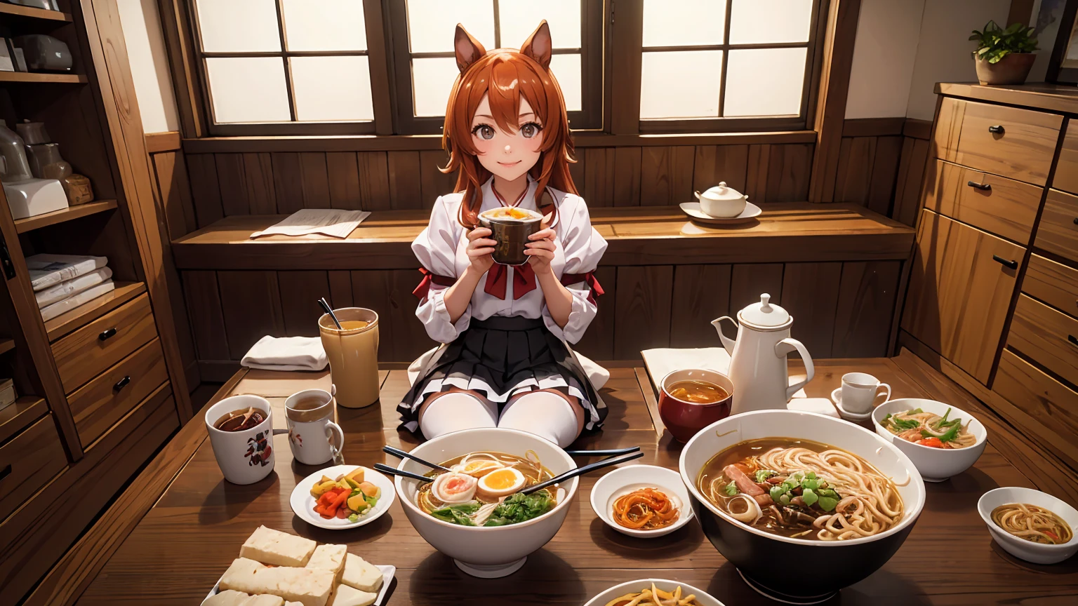 masterpiece, top quality, bewitching pose, full body wide angle, smile, (sitting:1.1) ,ichiraku ramen, (eating ramen noodles:1.0), holding chopsticks and ramen bowl, slurp one's noodles,, silence suzuka (umamusume), black gloves, white skirt, pleated skirt, black pantyhose, layered sleeves, puffy short sleeves, short over long sleeves, black bow, festival,
