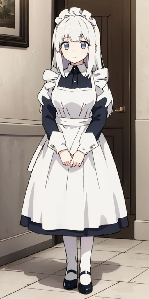 female, standing, right, long_hair, disordered_hair, white_hair, maid in armor, metallic high heels