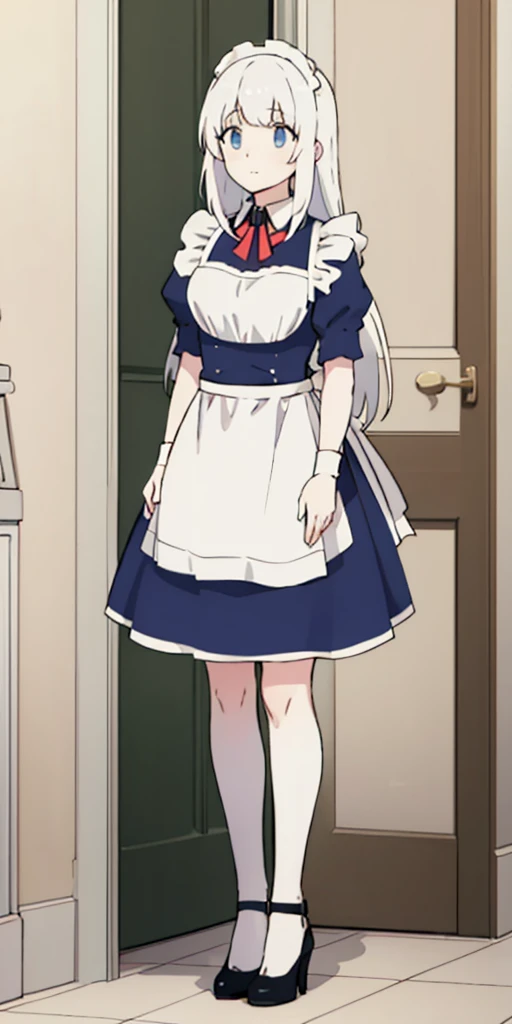 female, standing, right, long_hair, disordered_hair, white_hair, maid in armor, metallic high heels
