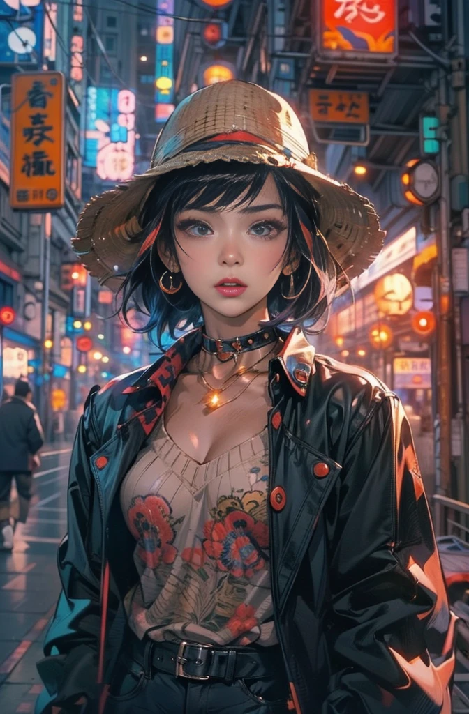 Photo of a beautiful Asian woman standing on a street corner, Perfect model body shape, Stylish pantstyle, Colorful brown sweater, Very stylish, Fashion Model, Main Street, A woman in a hat is standing on a city street, 80年代のanimeの雰囲気, 90年代のanime美学, anime「ghost in the Shell」, 80年代のanimeアートstyle, Faye Valentine from Cowboy Bebop, 80年代animestyle, ネオTokyo, Kuvshinov Ilya, neo tokyo, 1980's anime style artwork in the style of Gweitz, Trending on cgstation, Ross Tran'style, Lost at 8k, author:Lee Song, リアルなanime3Dstyle, By Russell Dongjun Lu, ロストランドstyle, Trending on cgstation, Gweitz, 美しいDigital Artワークヤンジュン・チェンにインスピレーションを受けたサイバーパンクアート, Talked about at the art station, Digital Art, artwork in the style of Gwaiz, Ilya Kuvshinov. 4,000 yen, Digital Art, Ilya Kuvshinov, Gwaiz, Ross Tran風, Lostrun 8k, tumbler, Figurative art, intense oil painting, Detailed art of oil painting,Beautiful and expressive paintings, Beautiful artwork illustration, wonderful, Cool Beauty, masterpiece, Highest quality, Official Art, Perfect composition, The perfect angle, Best Shot, Perfect subject, women only, Sharp contours, romantic, Sulky, Very beautiful and detailed, Beautiful and delicate eyes, 理想的なanimeーション, sentimental,Tokyo, Roppongi area, Zoom out