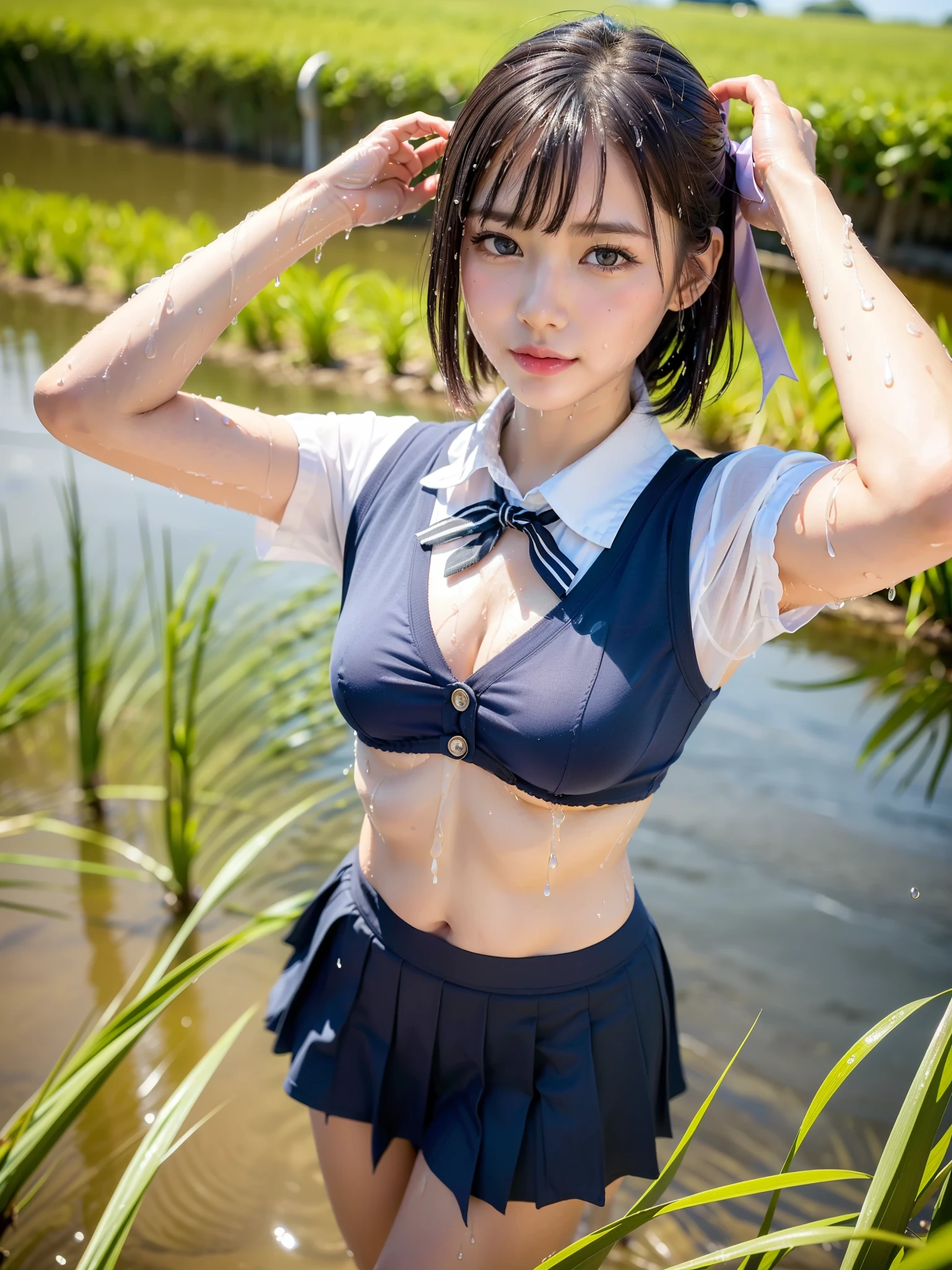 ((Best of the highest quality, 8k, Masterpiece, raw photo: 1.2)), (Sharp focus: 1.2), (1 AESPA, slim body type female, 21 y/o: 1.1), (solo: 1.28), (realistic, photo-realistic:1.37), face focus, cute face, finely eyes, (droopy eyes: 1.32), (Emphasize prominent aegyo-sal with bright: 1.2), shimmering eyeshadow applied under the lower lash line, paired with thick, (small breasts, flat chest, Thigh: 1.3), (short messy hair, bangs: 1.28), (wet school uniform, ribbon, bra, skirt: 1.32), walking in river, (rice field, paddy field: 1.1), flower, (from below, arms up: 1.18)