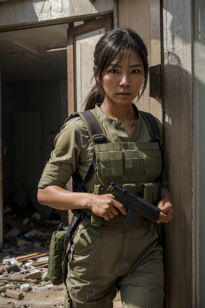 highest quality, 8k, Photo realistic, Highly detailed, Skin Texture, Beautiful Japanese woman in Indonesian TNI commando, Open the door carefully through the rubble and enter the room., Automatic rifle, Bulletproof vest,Backpack,Injury, intense expression, Pose dynamic, innovative configuration, Portrait, Dramatic lighting, Colorful palette, Flying dust and smoke