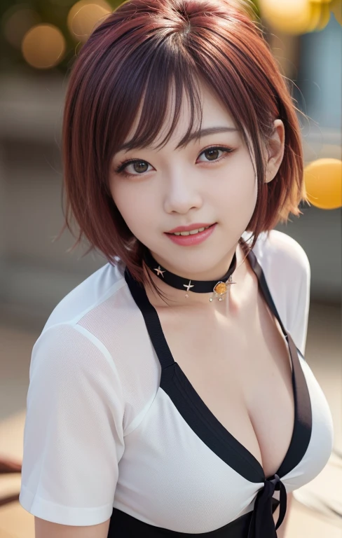 (a beautiful detailed korean lady, with piercing red eyes, short multicolored hair, ample bosom, wearing a white shirt, black choker, blue necktie, and plaid skirt, smiling and grinning in studio, (best quality,4k,8k,highres,masterpiece:1.2),ultra-detailed,(realistic,photorealistic,photo-realistic:1.37),HDR,UHD,studio lighting,ultra-fine painting,sharp focus,physically-based rendering,extreme detail description,professional,vivid colors,bokeh)