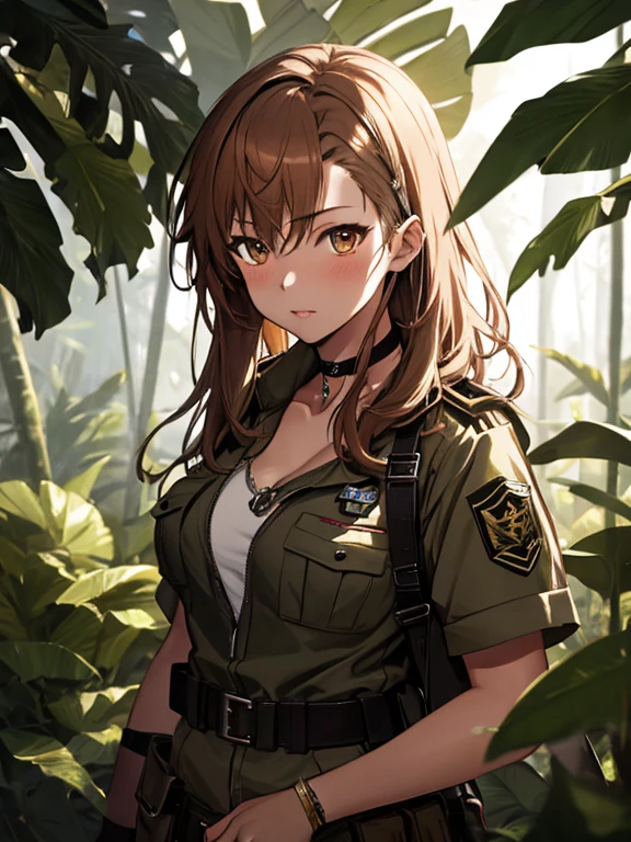 jungle, Explorer, Soldier, Amazon, Misaka Mikoto, 1girl, black choker, uhd, retina, masterpiece, ccurate, anatomically correct, textured skin, super detail, high details, high quality, best quality, highres, 4K