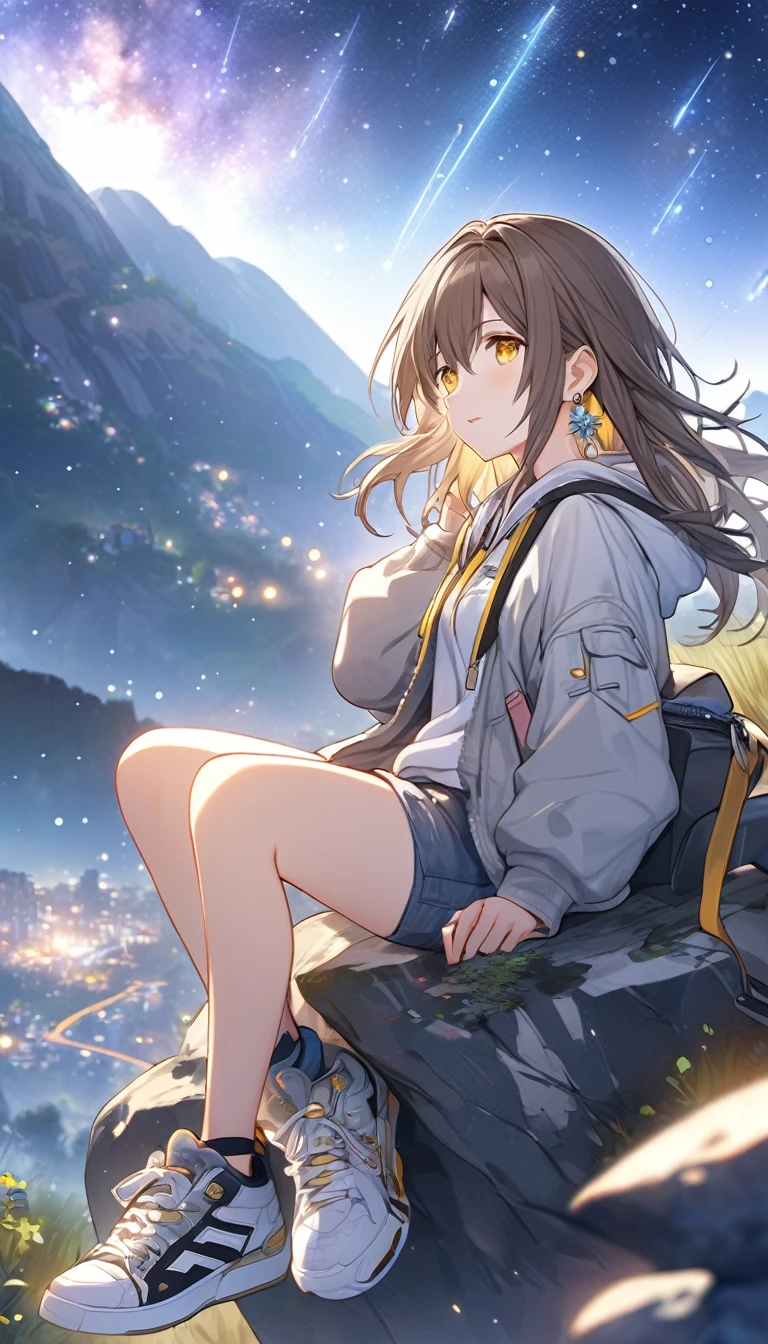 cinematic photo (masterpiece), (best quality), (ultra-detailed), stelle, honkai: star rail, official art, 1girl, solo, gouache, starry sky, mountain, long hair, hoodie, shorts, sneakers, yellow eyes, tsurime, sitting on a rock, stargazing, milky way, shooting star, tranquil night., illustration, disheveled hair, detailed eyes, perfect composition, moist skin, intricate details, earrings . 35mm photograph, film, bokeh, professional, 4k, highly detailed
